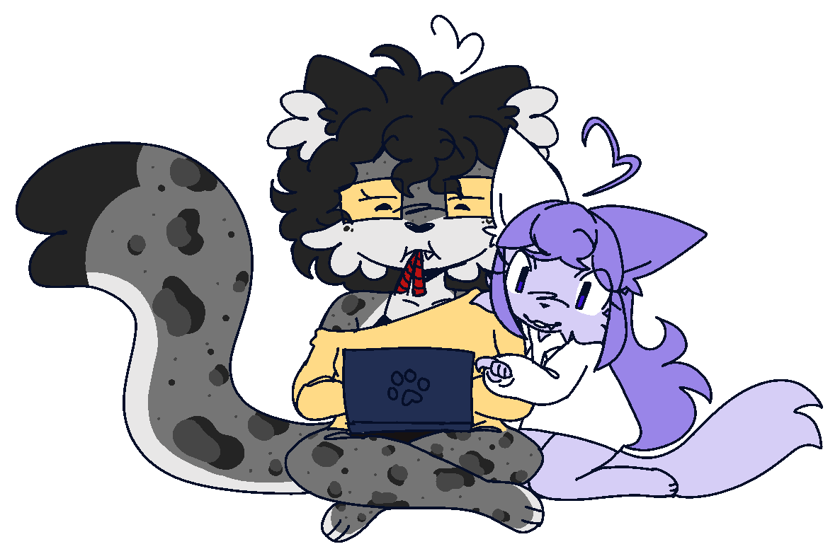my fursona eating twizzlers and working on a laptop. the site mascot looks over his shoulder.